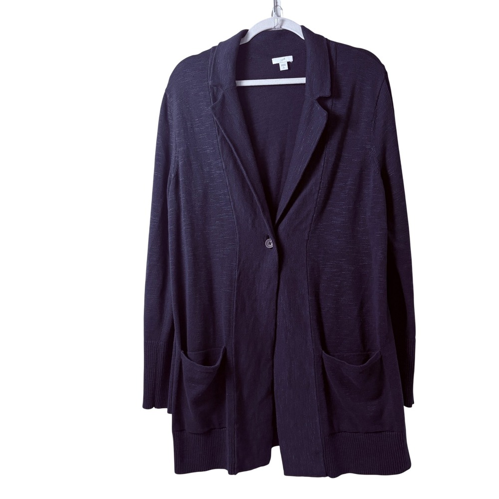 J Jill Cardigan Sweater Size L Tall Navy Blue Knit Single Button Pocket Long